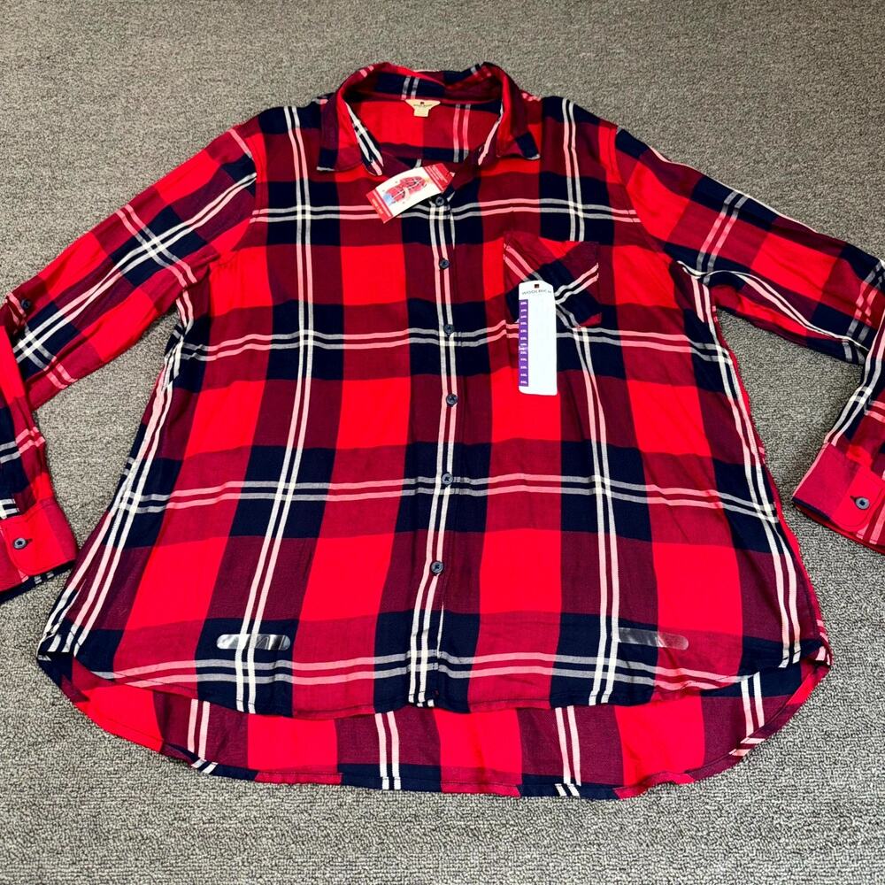Woolrich Shirt Womens 2XL Red Navy Plaid Roll-Tab Sleeves High Low Hem Button-Up
